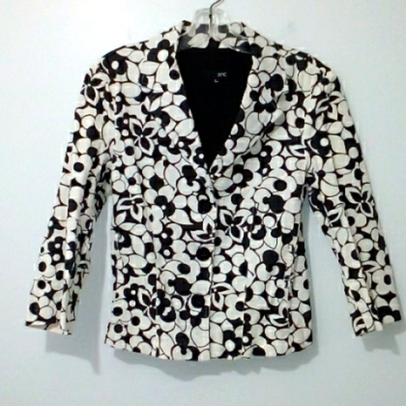 White black floral print fitted blazer jacket - Picture 1 of 5